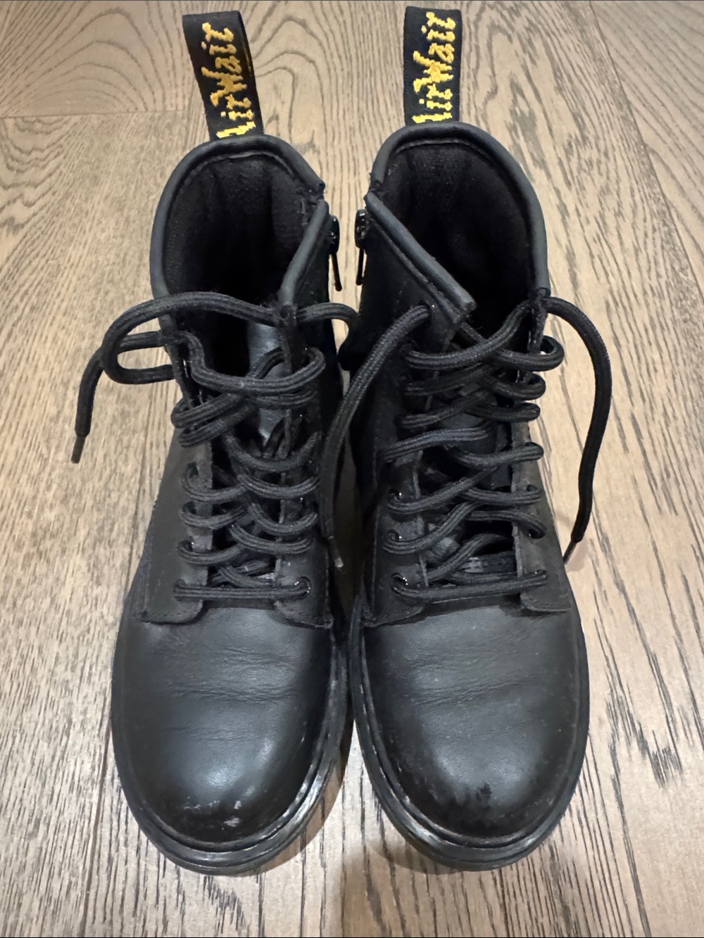 Dr. Martens Kids Black Lace-Up Combat Boots with Yellow Heel Loop